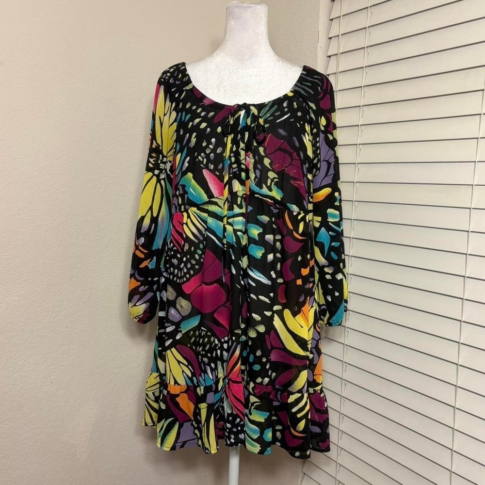 Carina sheer rainbow butterfly coverup dress ruffle hem sz L fairycore festival